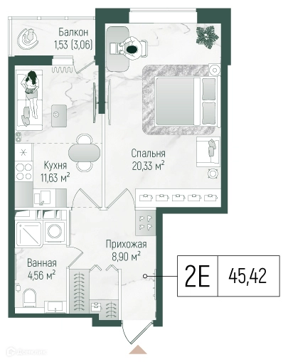 1-комнатная квартира 44.3 м² Рига Хиллс