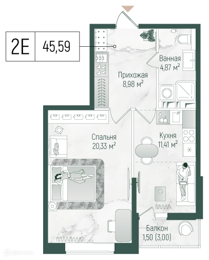 1-комнатная квартира 46.7 м² Рига Хиллс
