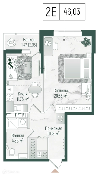 1-комнатная квартира 47.5 м² Рига Хиллс