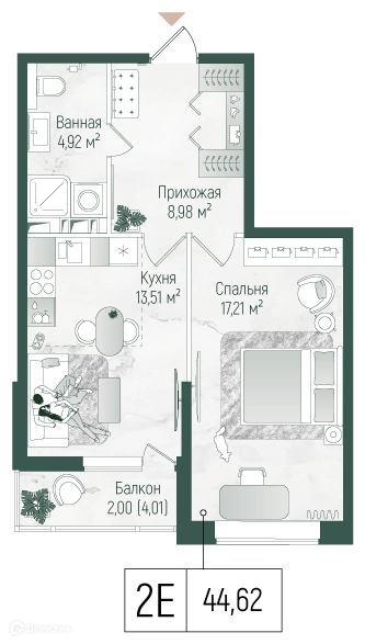 1-комнатная квартира 46.63 м² Рига Хиллс