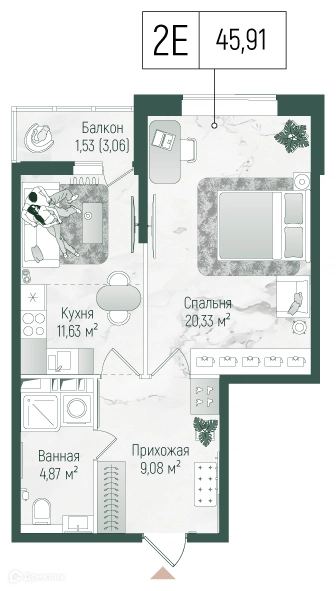 1-комнатная квартира 47.44 м² Рига Хиллс