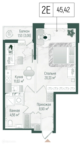 1-комнатная квартира 46.95 м² Рига Хиллс