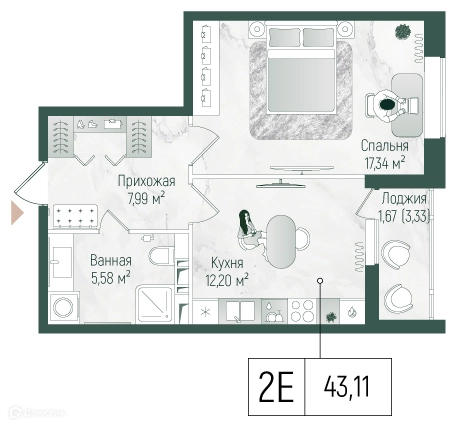1-комнатная квартира 44.4 м² Рига Хиллс