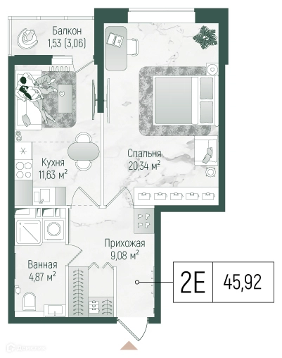 1-комнатная квартира 46.8 м² Рига Хиллс