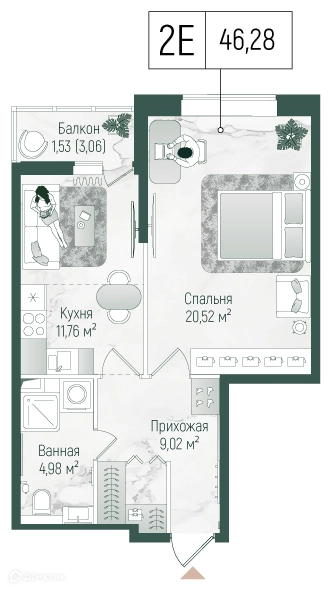 1-комнатная квартира 47.81 м² Рига Хиллс