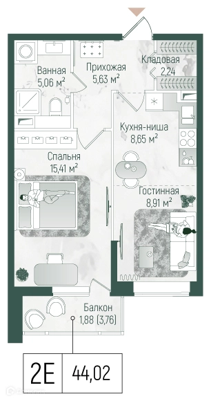 1-комнатная квартира 45.9 м² Рига Хиллс