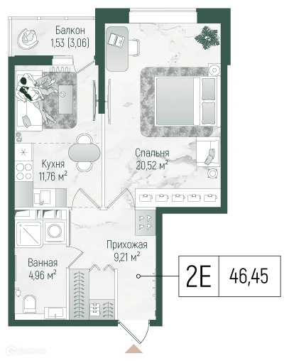 1-комнатная квартира 47.5 м² Рига Хиллс