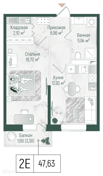 1-комнатная квартира 49.32 м² Рига Хиллс