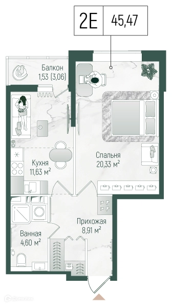 1-комнатная квартира 47 м² Рига Хиллс