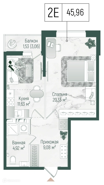 1-комнатная квартира 47.49 м² Рига Хиллс