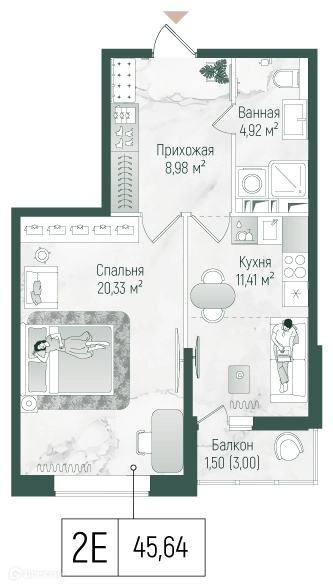 1-комнатная квартира 47.14 м² Рига Хиллс
