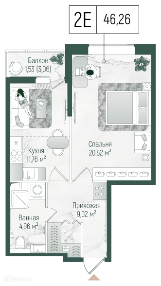 1-комнатная квартира 47.79 м² Рига Хиллс