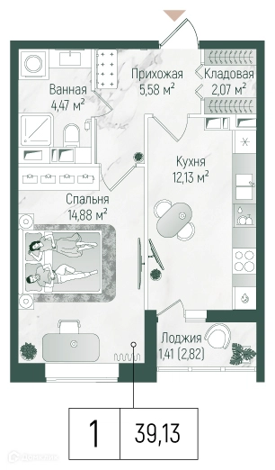 1-комнатная квартира 40.54 м² Рига Хиллс