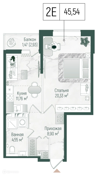1-комнатная квартира 47.01 м² Рига Хиллс