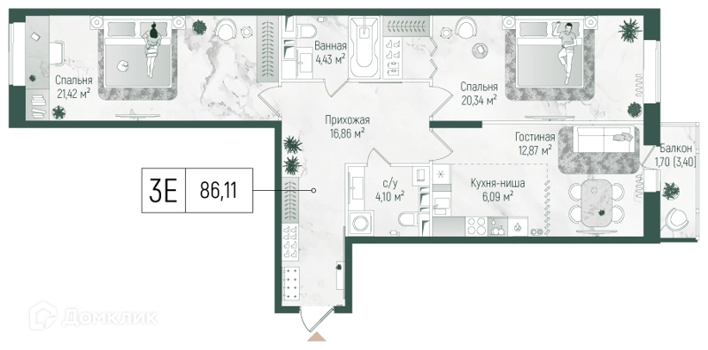 2-комнатная квартира 87.81 м² Рига Хиллс
