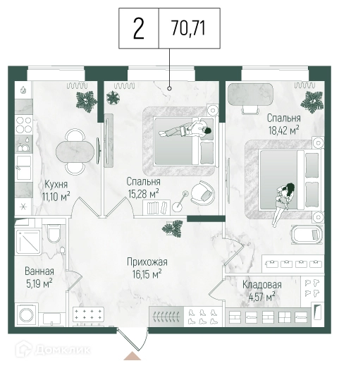 2-комнатная квартира 70.71 м² Рига Хиллс