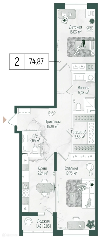 2-комнатная квартира 75 м² Рига Хиллс
