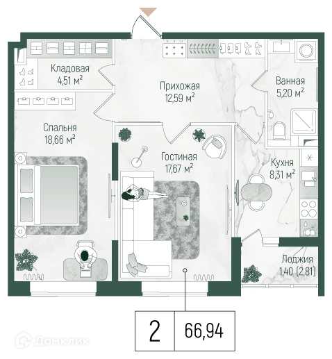 2-комнатная квартира 68.5 м² Рига Хиллс