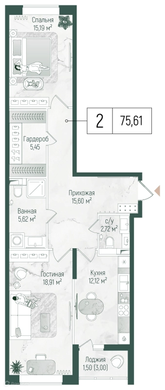 2-комнатная квартира 77.11 м² Рига Хиллс