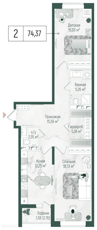 2-комнатная квартира 74.2 м² Рига Хиллс