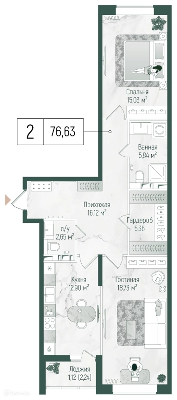 2-комнатная квартира 77.75 м² Рига Хиллс