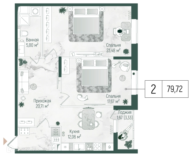 2-комнатная квартира 81.39 м² Рига Хиллс