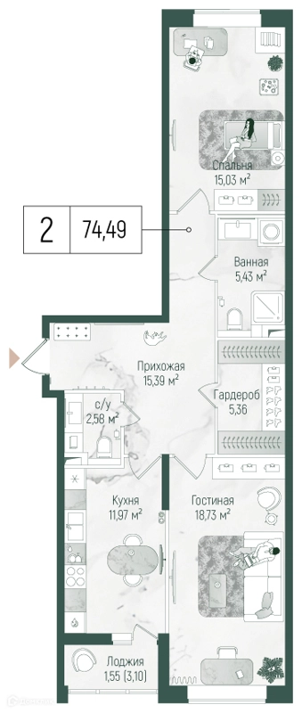 2-комнатная квартира 76.04 м² Рига Хиллс