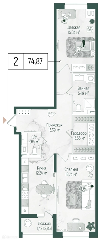2-комнатная квартира 75.4 м² Рига Хиллс