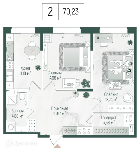 2-комнатная квартира 70.23 м² Рига Хиллс