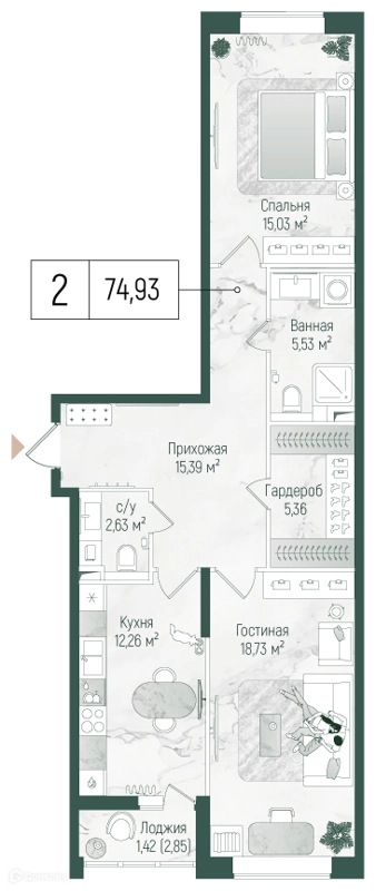 2-комнатная квартира 76.36 м² Рига Хиллс