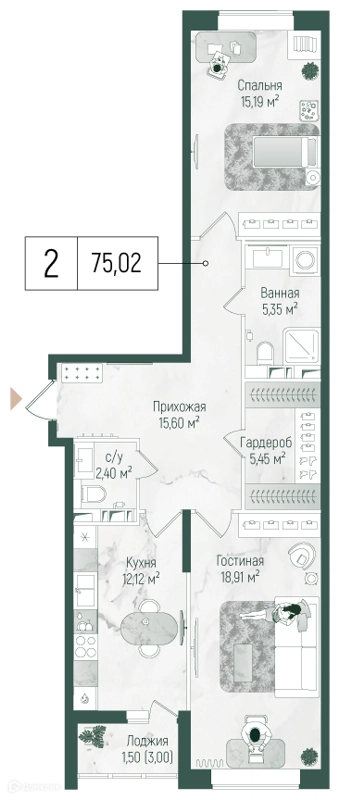 2-комнатная квартира 75.5 м² Рига Хиллс