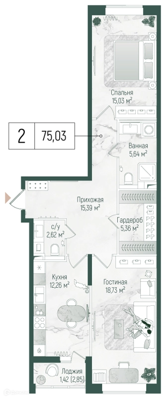 2-комнатная квартира 76.46 м² Рига Хиллс