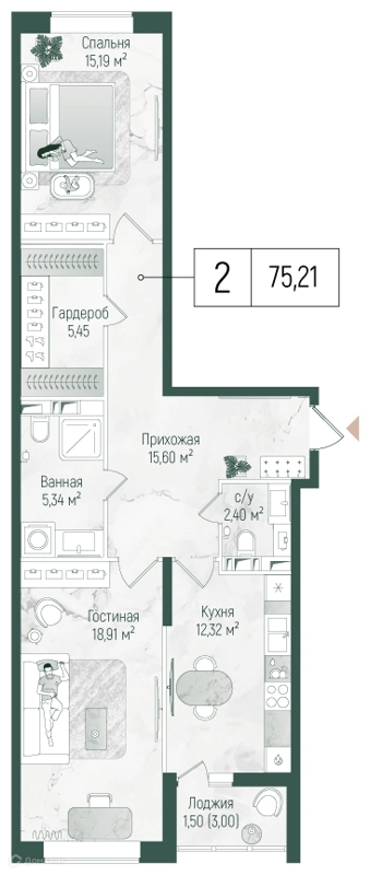 2-комнатная квартира 76.71 м² Рига Хиллс