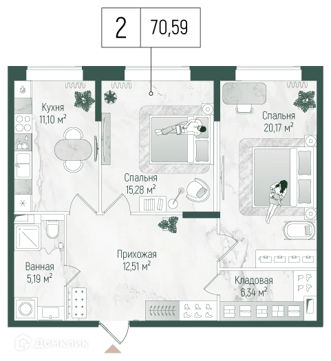 2-комнатная квартира 70.59 м² Рига Хиллс