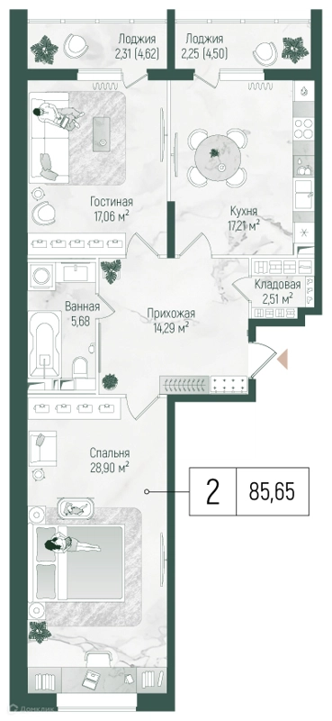 2-комнатная квартира 88.7 м² Рига Хиллс