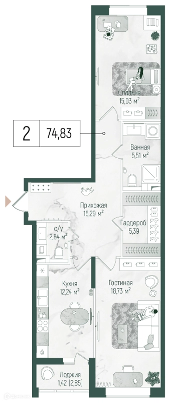 2-комнатная квартира 76.26 м² Рига Хиллс