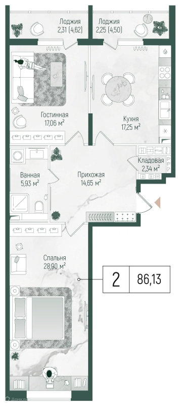 2-комнатная квартира 89.5 м² Рига Хиллс