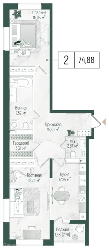 2-комнатная квартира 74.8 м² Рига Хиллс
