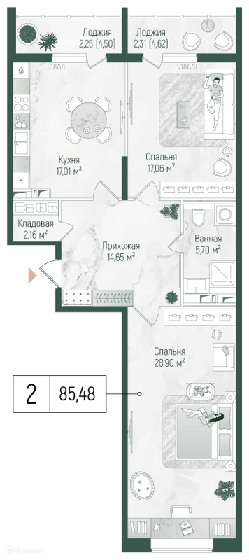 2-комнатная квартира 86.5 м² Рига Хиллс