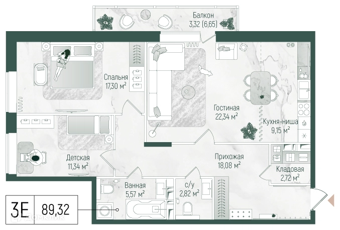 2-комнатная квартира 92.64 м² Рига Хиллс