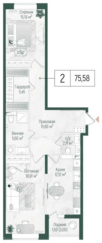 2-комнатная квартира 77.08 м² Рига Хиллс