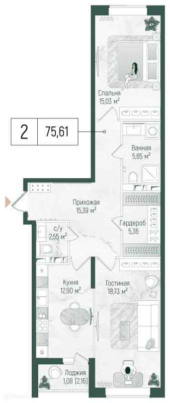2-комнатная квартира 77.27 м² Рига Хиллс