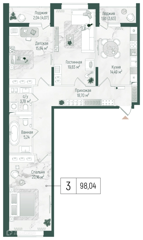 3-комнатная квартира 101.3 м² Рига Хиллс
