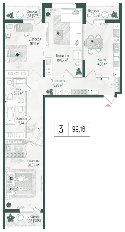 3-комнатная квартира 104.64 м² Рига Хиллс