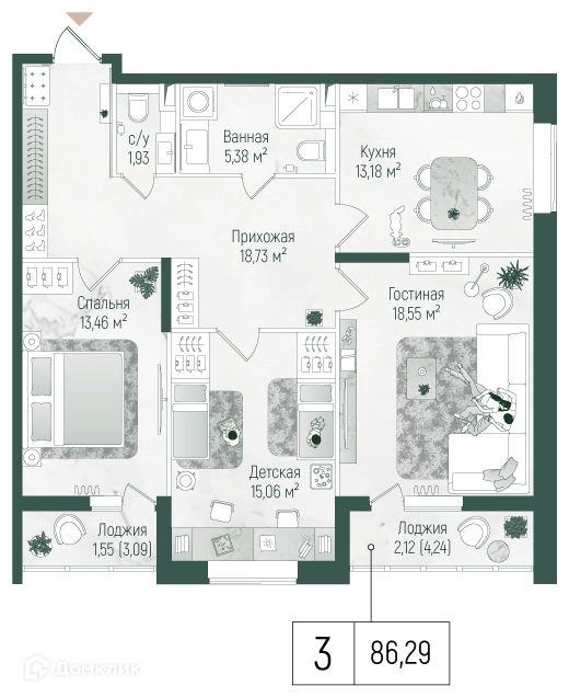 3-комнатная квартира 89.96 м² Рига Хиллс