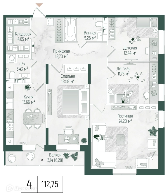 4-комнатная квартира 115.89 м² Рига Хиллс